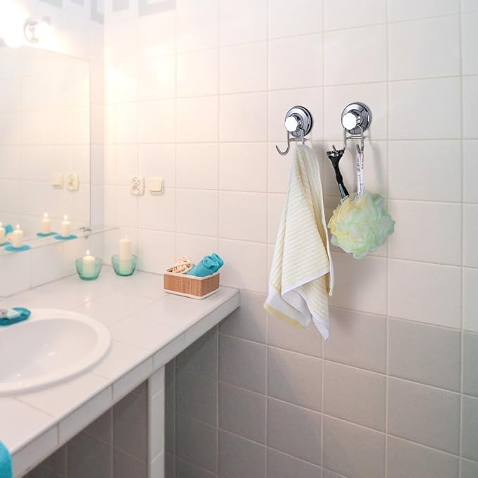 SANNO Suction Cup Hooks, Shower Squeegee Holder Towel Robe Loofah Hooks Hanging Shower Accessories, Chrome (3 Pack)