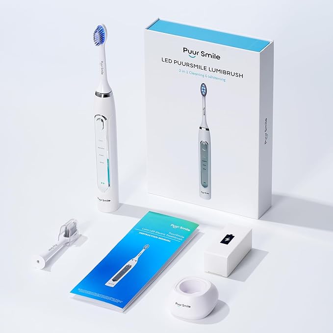 LED Electric Lumi Toothbrush - 2 (Blue led) Brush Heads for Adults | 4 Cleaning Modes with Smart Timer, IPX7 Waterproof, Long-Lasting Battery & Wireless Charging Base (White)
