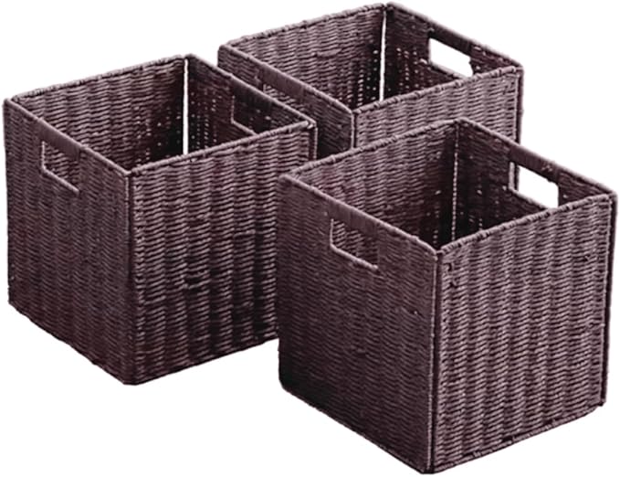 10.5x10.5in Storage Baskets Set of 3 Dark Brown Paper Rope Woven Baskets,Foldable Handwoven Storage Cubes,Wicker Cube Baskets Laundry Organizer Totes for Bathroom, Bedroom, Laundry, Pantry, Shelves