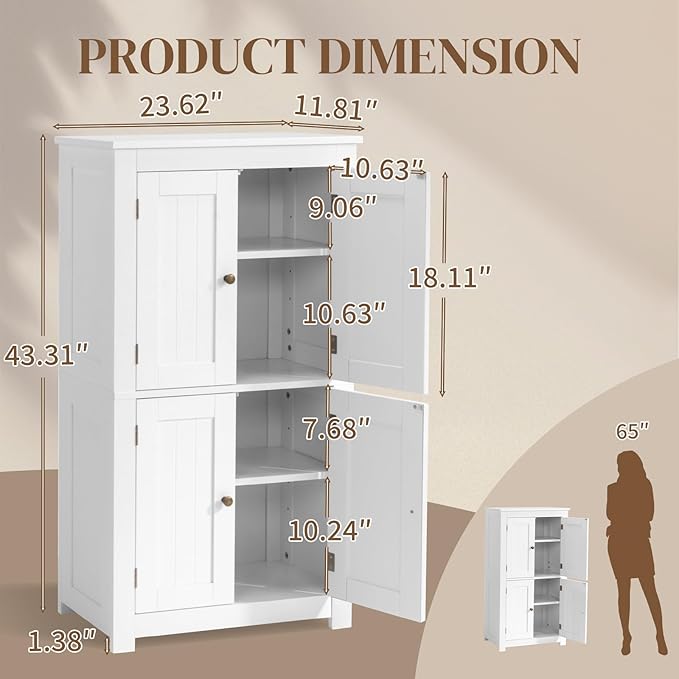 Karl home White Floor Storage Cabinet, Freestanding Storage Unit with 4 Doors, Thin Toilet Organizer for Small Spaces，for Entryway, Bathroom