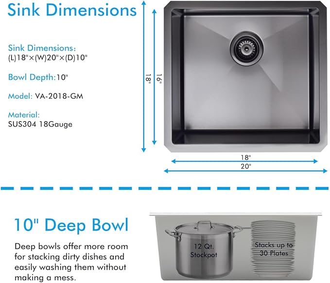 VADANIA 20-inch Kitchen Bar Sink, Black-plated Finish, 20"x18"x10", Single Bowl, Undermount, 18 Gauge T304 Stainless Steel, with Strainer & Bottom Grid, cUPC listed