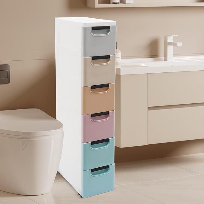 6 Drawers Narrow Slim Plastic Storage Cabinet,Storage Drawer with Wheels,6 Tier Drawers Dresser,Rolling Narrow Cabinet for Small Spaces Bathroom Kitchen Bedroom Living Room,Multicolor