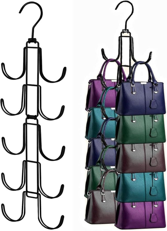 Handbags Purse Organizer for Closet: Bag Rack Hanger with 10 Big Hooks - 360° Rotation Purse Hanger for Display - Collapsible Space Saving for Handbag Belt Scarve Tie - 1 Pack Black
