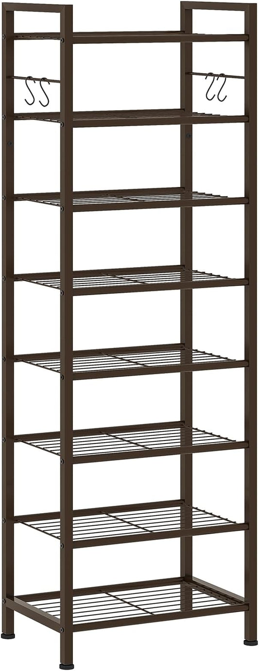 usikey 8 Tiers Narrow Shoe Rack 16-24 Pairs, Sturdy Metal Tall Shoe Rack with 4 Hooks, Slim Shoe Storage Organizer with Metal Shelf, Space Saving Vertical Shoe Shelf for Entryway BronzeUNYXJX016A