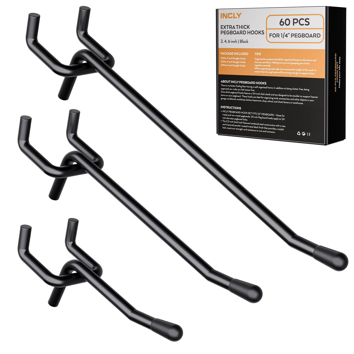 INCLY 60 Pack 2/4/6 Inch Black Pegboard Hooks, 1/4" Heavy Duty - Image 1