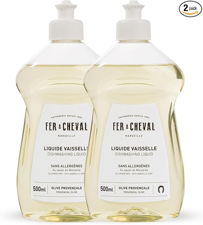 Fer à Cheval Marseille Dishwashing Soap, Olive Oil Based, Made in France - Liquid Dishwashing Bottle, 2 Pack, 500 ml/16.9 fl oz
