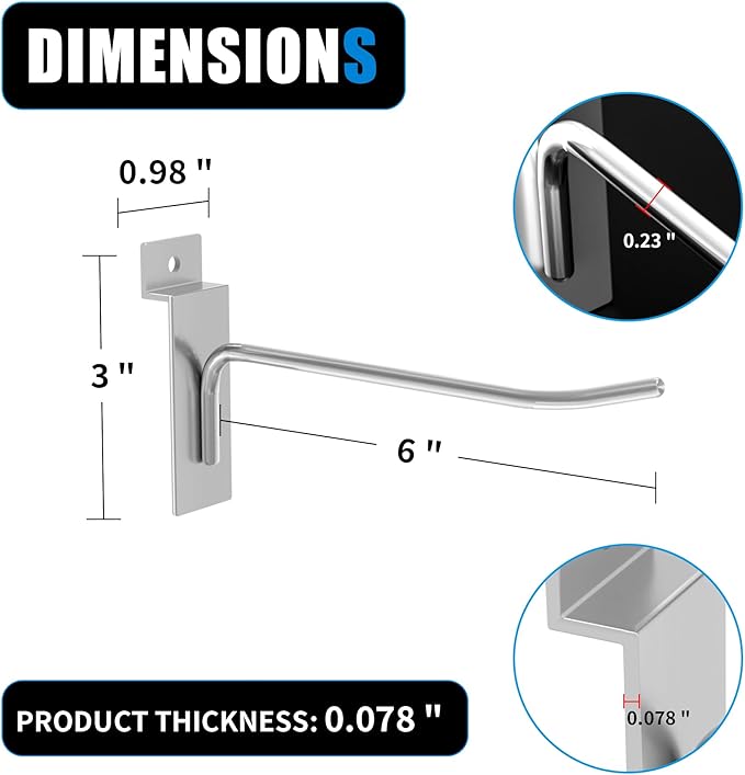 6”Slatwall Hooks,Silvery Slat Wall Display Hook, 25 PCS Slat Wall Panel Accessory Hooks
