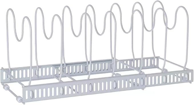 Expandable Pot and Pan Organizer Rack with 10 Adjustable Compartments, White Kitchen Cabinet Organizer for Lid, Bakeware, Cutting Board, Pantry & Countertop Storage