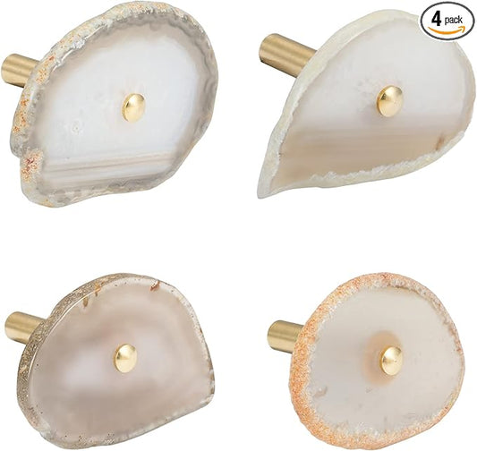 4 Pcs Unique Agate Wall Hooks for Hanging, Coat Hooks Wall Mounted Brass Single Hook for Hanging, Hat Bag Hooks for Wall Decorative Curtain Tieback Hooks