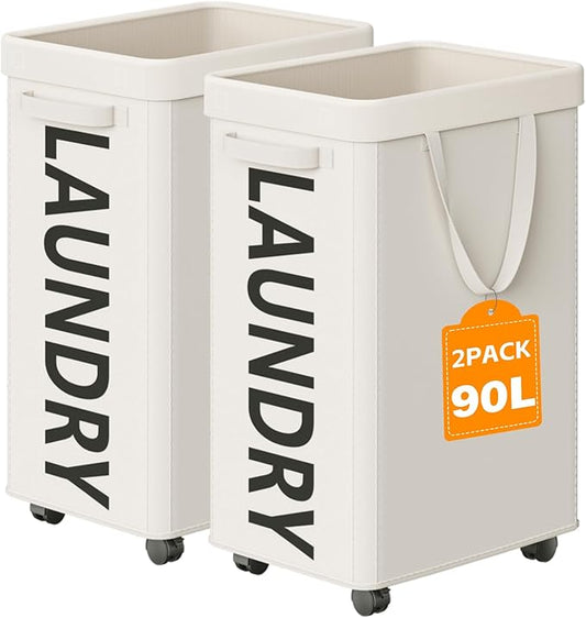 2 Pack Rolling Laundry Basket with Wheels, 90L Hamper with Wheels and Removable Mesh Bag, White Laundry Baskets on Wheels for Bedroom, Dorm, Clothes Hamper Organizer