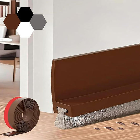 39-inch Door Draft Stopper with Brush - Adhesive Weather Stripping Seal for Exterior/Interior Doors | Under Door Sweep Blocks Drafts, Noise & Dust | Fits 1/4"-1" Gaps (Brown)