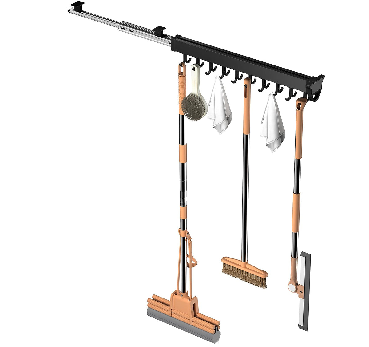 Pull-out Mop and Broom Holder with 20 Sliding Hooks - Image 1