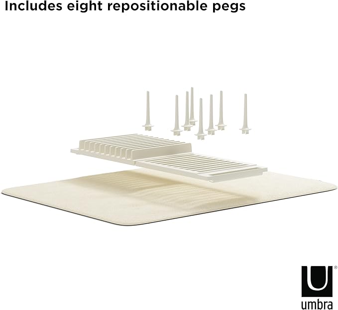 Umbra Udry Rack and Microfiber Dish Drying Mat-Space-Saving Lightweight Design Folds Up for Easy Storage, Standard, Linen