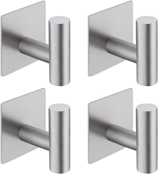 Adhesive Towel Hook 4 Pack, Bathroom Wall Hooks, Sticky Coat Hooks for Hanging, Closet, Robe Hook SUS304 Stainless Steel Brushed, BTH7204-2-P4