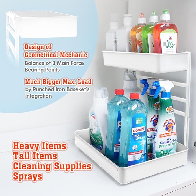 Metal Pull Out Slide Shelf Organizer for Framed or Frameless Under Sink Cabinets, Kitchen, Bathroom, Counter (White, 1 Set)