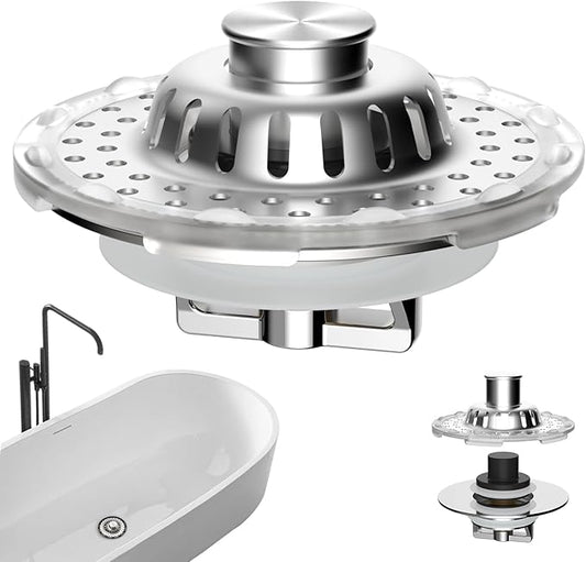 Universal Bathtub Drain Stopper Shower Drain Hair Catcher with Visible Top Strainer, Upgraded 3 in 1 Pop-up Tub Stopper Drain Plug Fit for 1.5 to 2.4" Hole, Stainless Steel Filter Basket