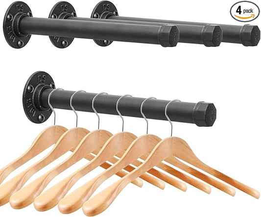 Cast Iron Wall Mounted Clothes Rack, Heavy Duty Industrial Pipe Clothing Rack for Hanging Clothes, Garment Racks for Wardrobe Organizers and Storage, DIY Closet Rods Closet Bar (Black 4 Pack, 12 in)