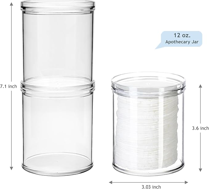 SheeChung 2-Pack Stackable Qtip Holder with Storage Lids - Clear Plastic Apothecary Jars for Bathroom Organization - Shatterproof Cotton Swab Dispenser with Labels - 10oz Vanity Counter Organizer