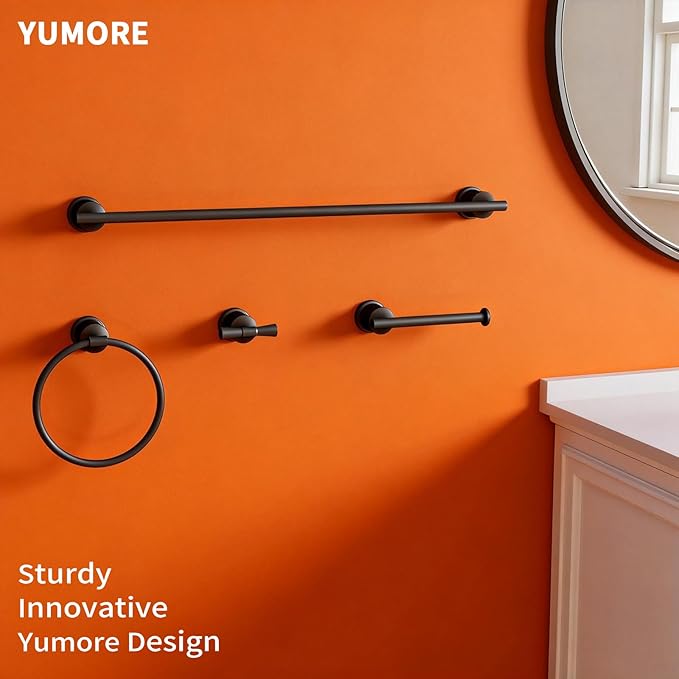 YUMORE Matte Black Bathroom Accessories Set, 4 Pieces Bathroom Hardware Set, Towel Bar Set Stainless Steel Wall Mounted, Towel Racks for Bathroom, Robe Towel Hooks, Toilet Paper Holder