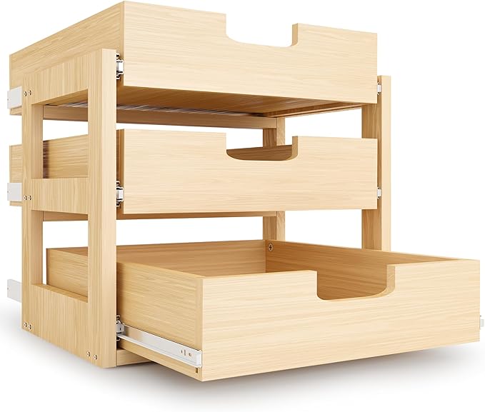 Pull Out Cabinet Organizer, 23''W×21''D×19''H Soft Close Slide Out Wooden Pull out Drawers, Three Tier Slide out Wood Cabinet Organizer, for Base Cabinet Organization in Kitchen, Pantry, Bathroom