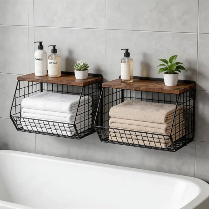Wall Mounted Fruit Basket with Wood Lid, Hanging Kitchen Storage for Fruits, Vegetables, Potatoes, Onions | Heavy-Duty Carbon Steel & Solid Wood, Black, Space-Saving Countertop Organizer (L)