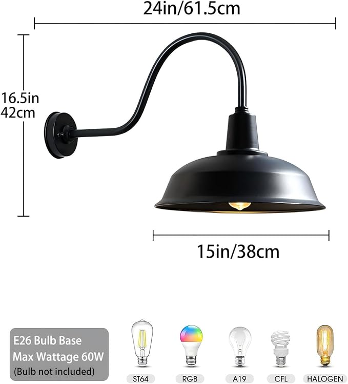 15 Inch Gooseneck Barn Light Outdoor, Matte Black Farmhouse Wall Light for Porch and Garage, ETL Listed, Weather-Resistant, E26 Base, Easy Install