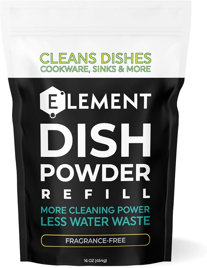 ELEMENT Dish Powder | Grease-Fighting Dish Soap | No Harsh Chemicals, Liquidless, Plastic-Free | Plant-Based Pouch (Fragrance-Free, 16 OZ Refill Pouch)