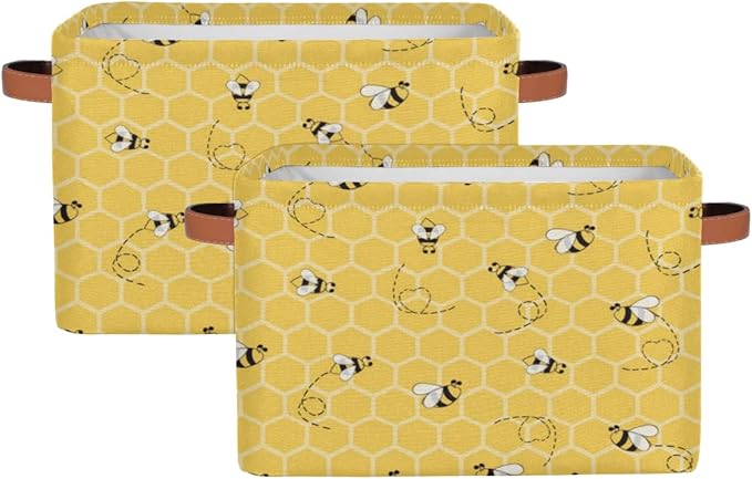 2Pack Yellow with Bees Large Collapsible Storage Bins,Honey Honeycombs Decorative Canvas Fabric Storage Boxes Organizer with Handles,Rectangular Shelves Baskets Box for Home Office Nursery Closet
