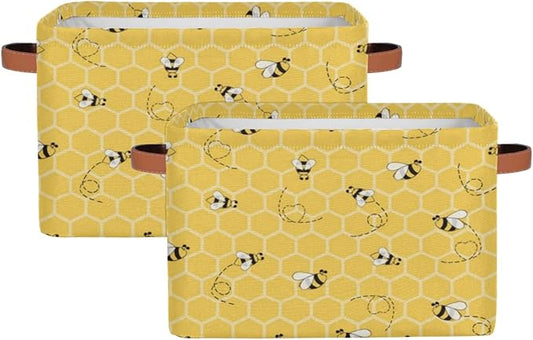 2Pack Yellow with Bees Large Collapsible Storage Bins,Honey Honeycombs Decorative Canvas Fabric Storage Boxes Organizer with Handles,Rectangular Shelves Baskets Box for Home Office Nursery Closet