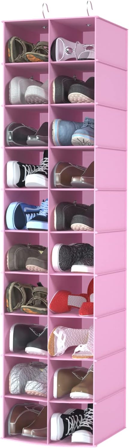 Libeder Hanging Shoe Organizer for Closet, Hanging Closet Organizers 20 Section Shoe Shelves, Space Saving Shoe Holder & Storage, Pink, 12''W×12''Dx 50''H