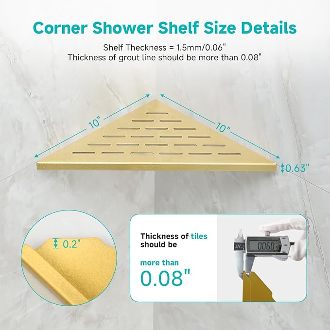 2-Pack 10" Corner Shower Shelf Golden Brushed Wall Mounted No Drilling Bathroom Shelves, Recessed Shower Caddy for Inside Shower, Stainless Steel Triangular Shower Organizer