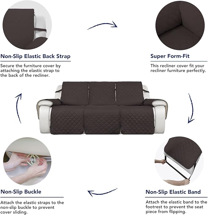 PureFit Water Resistant Reversible Sofa Covers for Reclining Sofa 3 Seat - Non Slip Split Recliner Couch Cover for 3 Cushion Couch, Washable Furniture Protector for Kid, Dog (3 Seat, Chocolate/Beige)