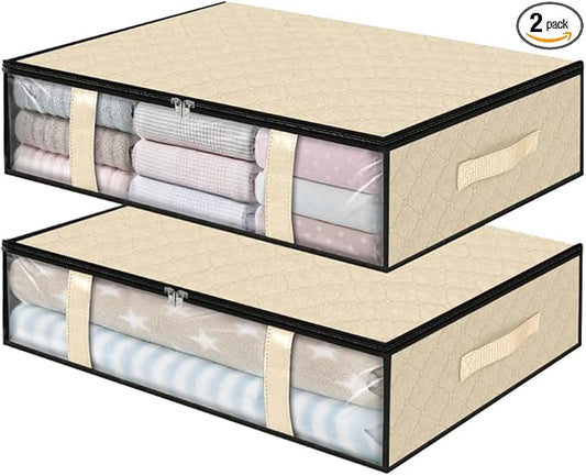 StorageRight Under Bed Storage Bags 2 Pack, 40L Large Clothes & Comforter Storage Containers with Clear Window, Breathable Fabric Organizer for Blankets, Bedding, Seasonal Clothing, Beige