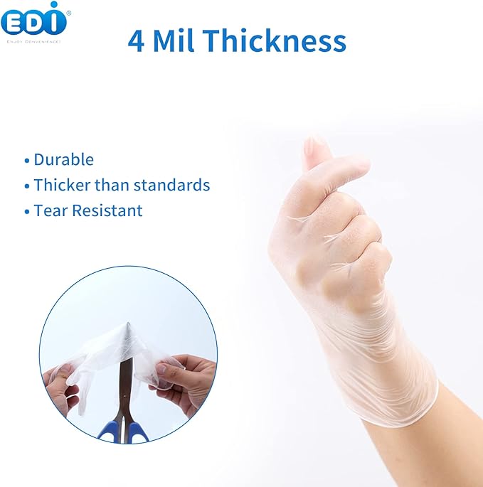 EDI Clear Powder Free Vinyl Glove,4.3 mil,Disposable glove,Industrial Glove,Clear, Latex Free and Allergy Free, Plastic, Work, Food Service, Cleaning,100 gloves per box (1000, large)