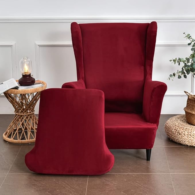 OBCREAT Wingback Chair Covers,2 Piece Stretch Velvet Wingback Chair Slipcover Soft Wing Chair Sofa Covers with Elastic Bottom,Armchair Couch Cover Furniture Protector for Living Room (Wine Red)