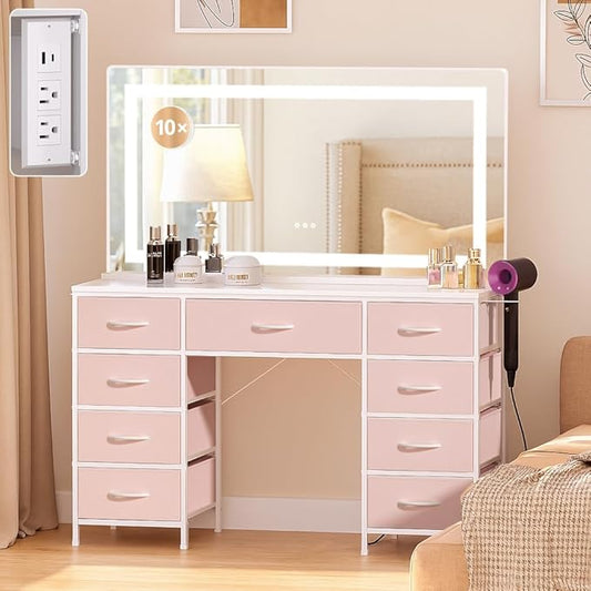 COMHOMA Vanity Desk with Large Mirror,LED and Power Outlet,Makeup Table with 9 Storage Drawersand HD Mirrors,3 Color Modes Adjustable Lighting for Bedroom Dressing Room (Pink, 47inch)