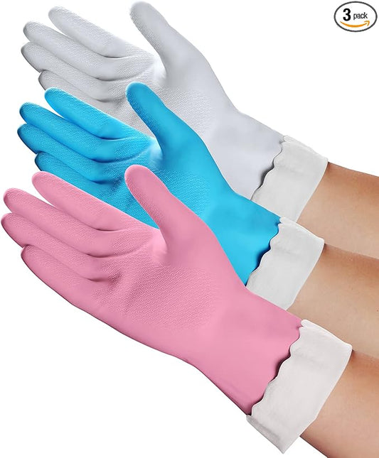 HSL Household Cleaning Gloves - Reusable Kitchen Dishwashing Gloves with Latex free, Cotton lining, Waterproof, Non-Slip (Medium, 3 Pairs)