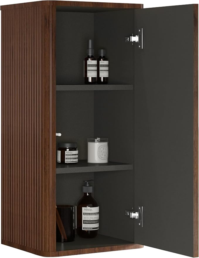 Striped Walnut Floating Bathroom Side Cabinet Wall-Mounted Storage for Small Spaces Pre-Assembled with Safe Curvy Design Push-Open Door (B.Walnut, Side Cabinet)