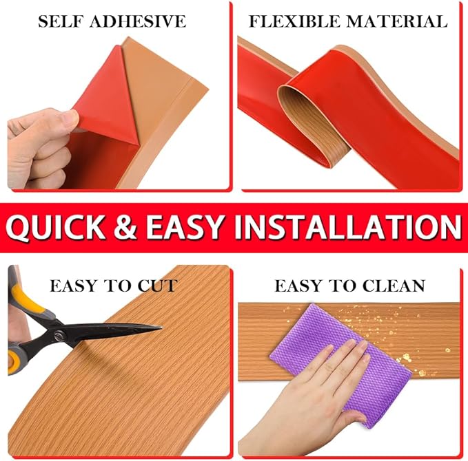 Vinyl Wall Base Baseboard Molding Trim 4" Flexible Self Adhesive Rubber Wall Base Moulding Trim Peel and Stick Design, 4 Inch x 40 Feet, Yellow Wood Grain