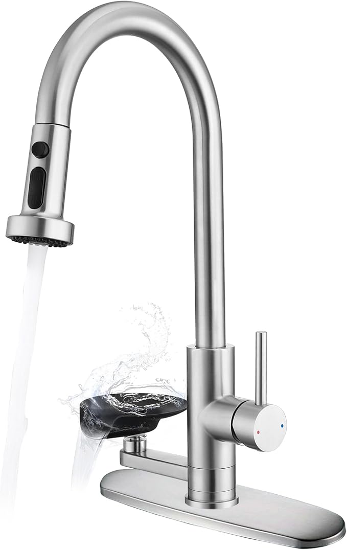 Kitchen Faucet with Glass Rinser, Pull Down Sink Faucet with 3 Spray Modes and High Pressure Glass Rinser, Single Hole 2 in 1 High Arc Stainless Steel Kitchen Faucets (Brushed Nickel)