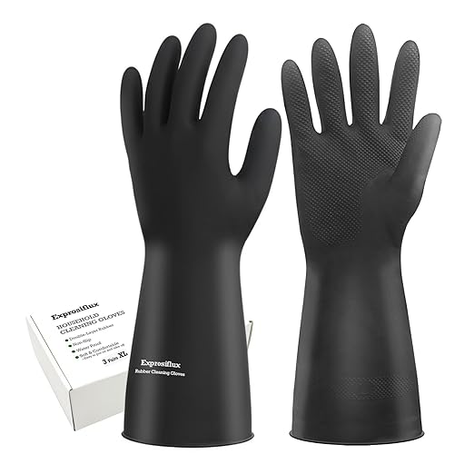 Heavy-Duty Thick Rubber Cleaning Gloves - 3 Pairs of Extra-Large Black Reusable Waterproof Non-Slip Gloves for Dishwashing and Kitchen Cleaning