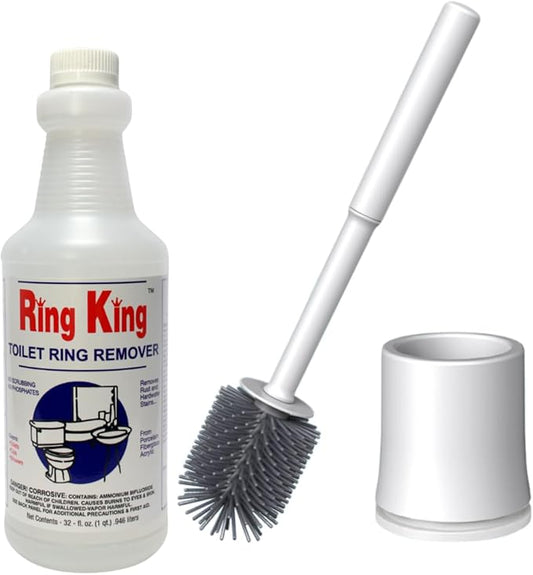 Ring King Toilet Ring Remover Bundle of Amazon Brand - Ring King Toilet Bowl Cleaners | Toilet Bowl Cleaner Liquid 32oz F Silicone Toilet Brush and Holder Set