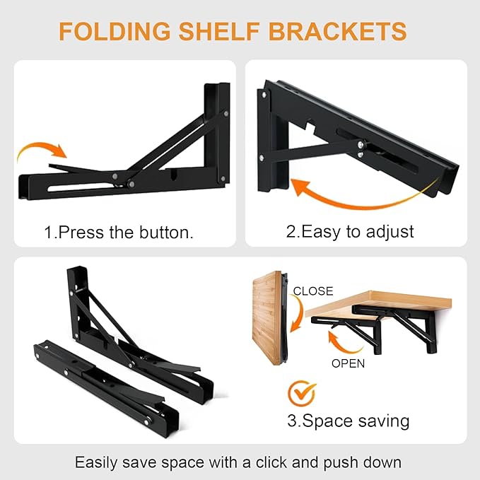 Storystore Folding Shelf Brackets - 14 Inch Heavy Duty Metal Collapsible Shelf Bracket for Bench Table, Shelf Hinge Wall Mounted Space Saving DIY Bracket, Max Load: 150 lb (4 PCS, Black)