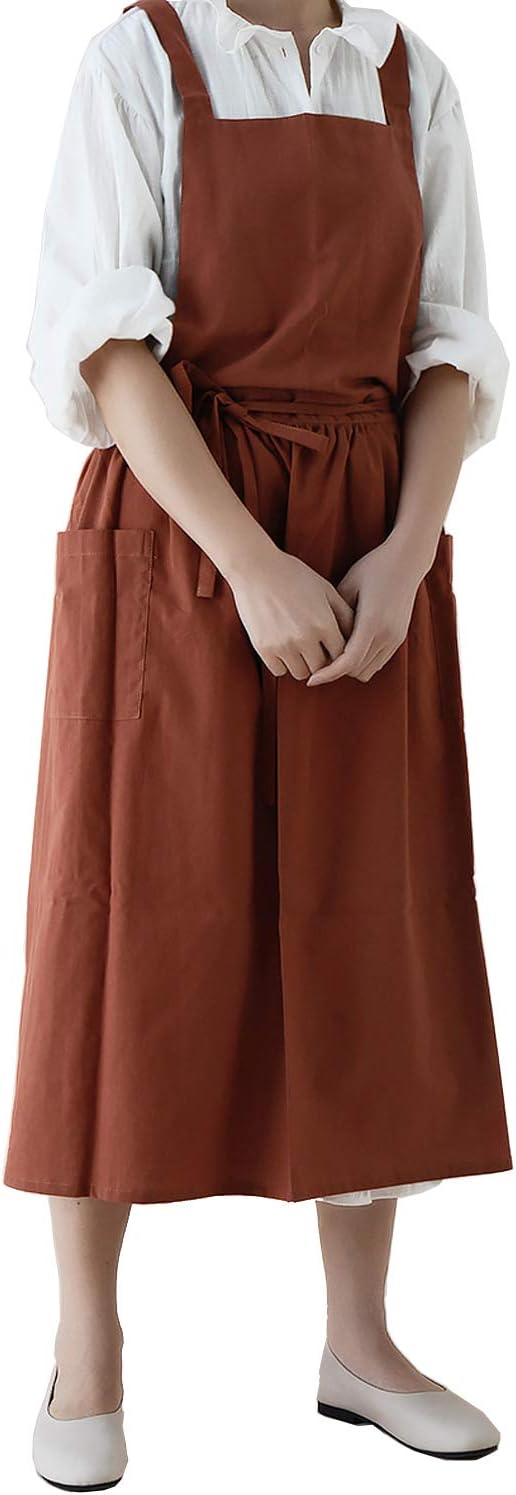 VLZUFE Women Cotton Linen Cross Back Apron with Pockets for Gardening Works Pinafore Dress