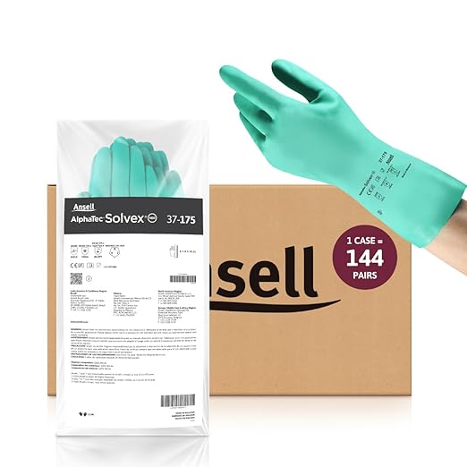 Ansell AlphaTec Solvex 37-175 Flocked Chemical-Resistant Gloves for Cleaning, Agriculture, Food, Oil - Small (7), Green (144 Pairs)