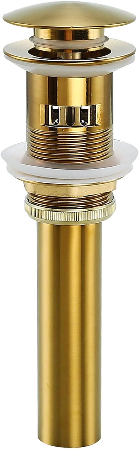 Champagne Bronze Sink Drain with Overflow,Brass Bathroom Sink 1 1/4 Drain with Removable Brass Strainer Basket Push Sink Pop Up Drain,83606-1CB.