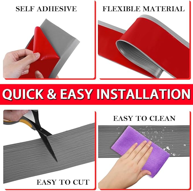 Vinyl Wall Base Baseboard Molding Trim 4" Flexible Self Adhesive Rubber Wall Base Moulding Trim Peel and Stick Design, 4 Inch x 100 Feet, Medium Grey Wood