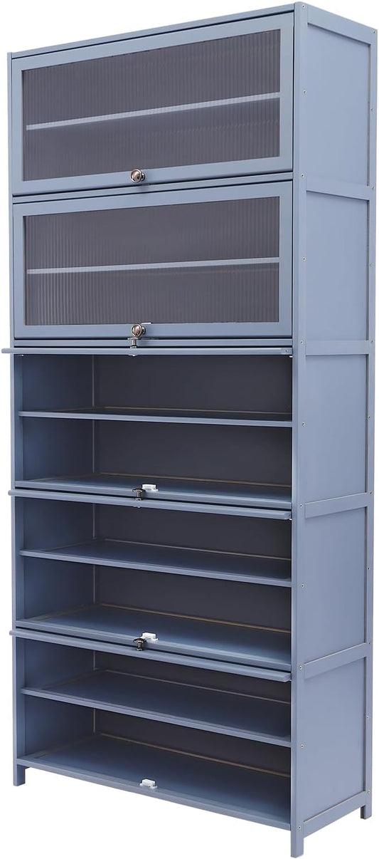 Tall Bamboo Shoe Cabinet with Doors, 10 Tier Large Capacity Shoe Rack Organizer, Narrow Freestanding Storage Shelf for Entryway, Hallway & Closet, Holds 40-45 Pairs (Grayish Blue)