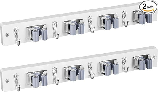 2 Pack Mop Broom Holder Wall Mount - White Wood Broom Mop Hanger - Wall Mounted Garden Tool Rack Organizer for Closet Garage Laundry Room, 4 Slots & 4 Hooks