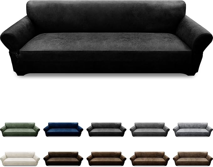 Oversized Sofa Slipcover Leather Look Couch Cover for 4 Seater Sofa 1-Piece Sofa Cover Stretch Furniture Protector with Elastic Bottom & Pockets(XL Sofa, Black)